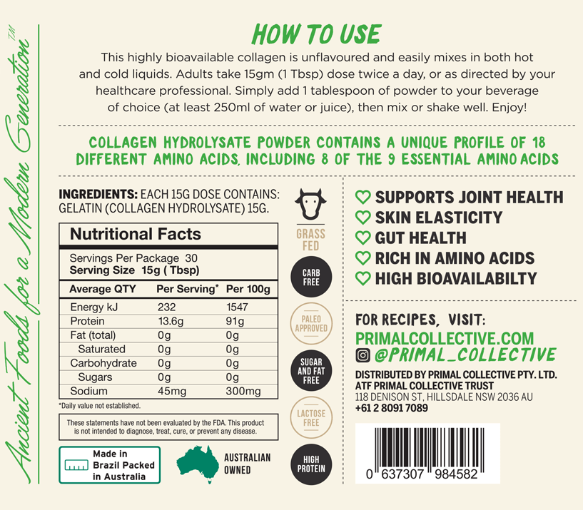 Primal Collective® Collagen Peptide Protein Powder - Grass Fed, Paleo and Keto Friendly. - #shop_name - Supplements - -Prana Wholefoods