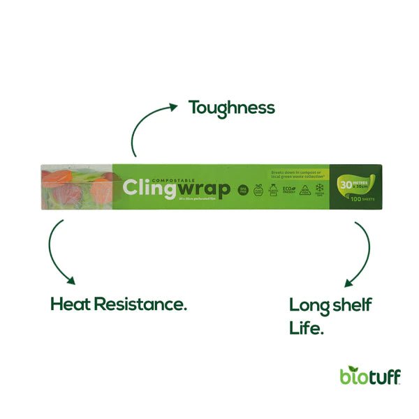 Biodegradable and Compostable Cling Wrap - 100 perforated Sheets x 30 Metre Wide - #shop_name - -BIOTUFF
